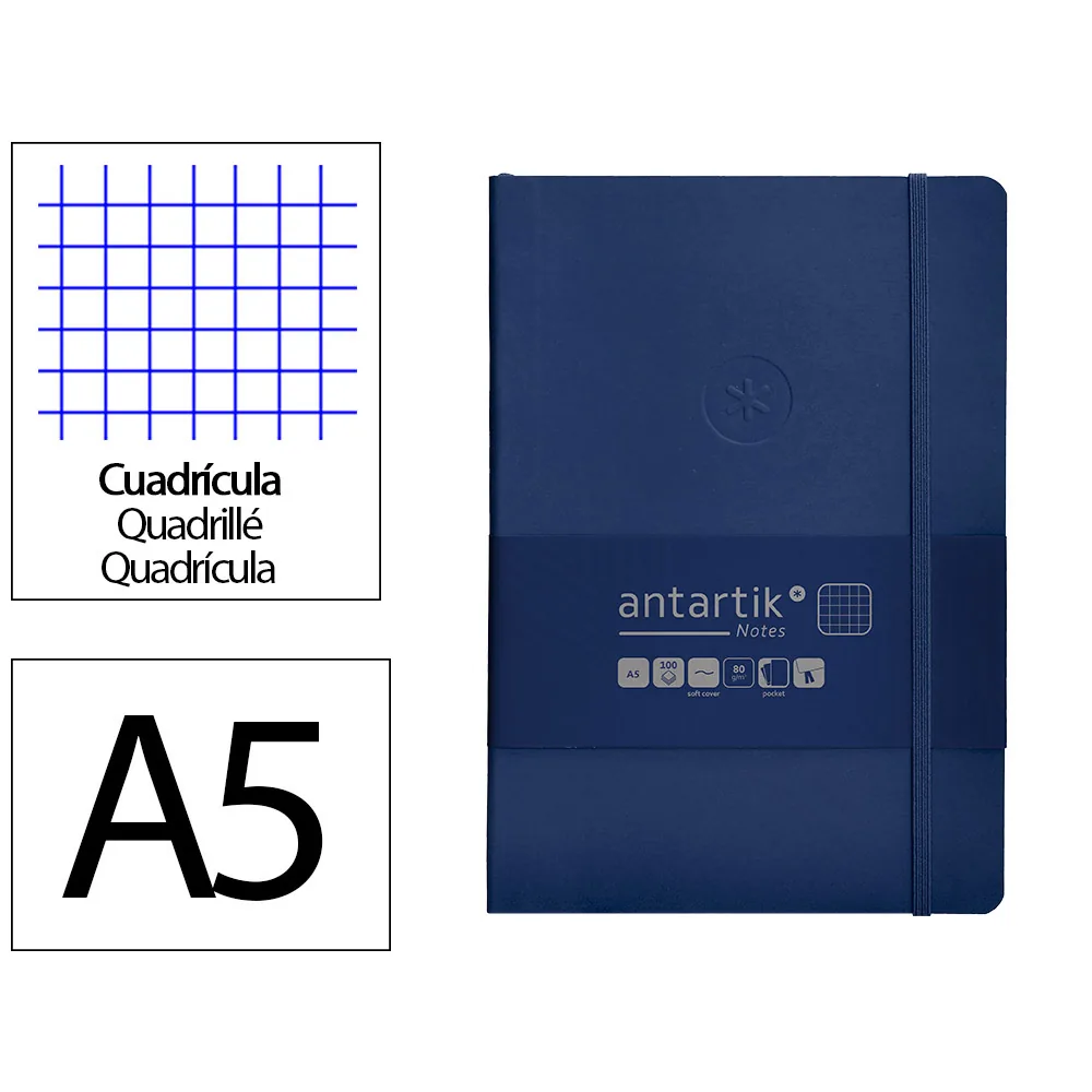 Cuaderno con Gomilla Antartik Notes Tapa Blanda A5 Hojas Cuadricula Azul Marino 80 Hojas 80 GR Fsc