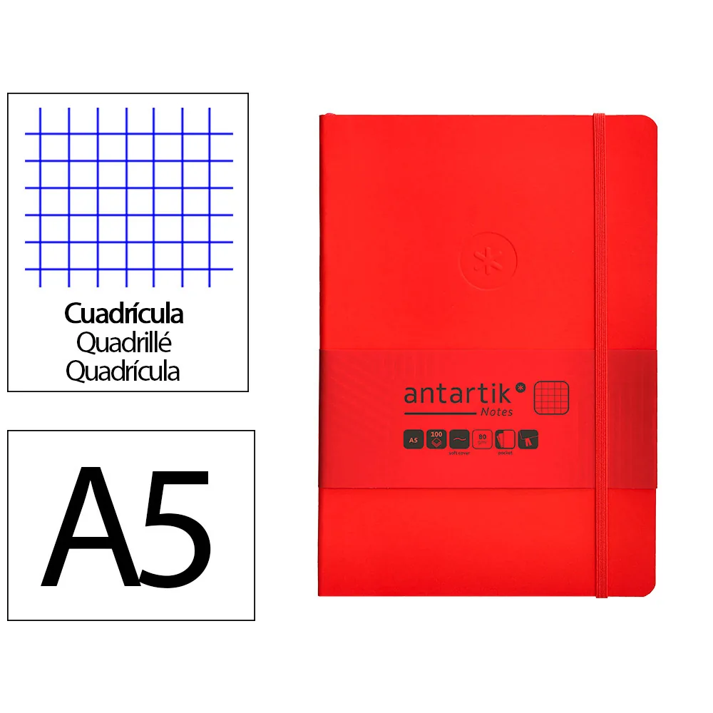 Cuaderno con Gomilla Antartik Notes Tapa Blanda A5 Hojas Cuadricula Rojo 80 Hojas 80 GR Fsc