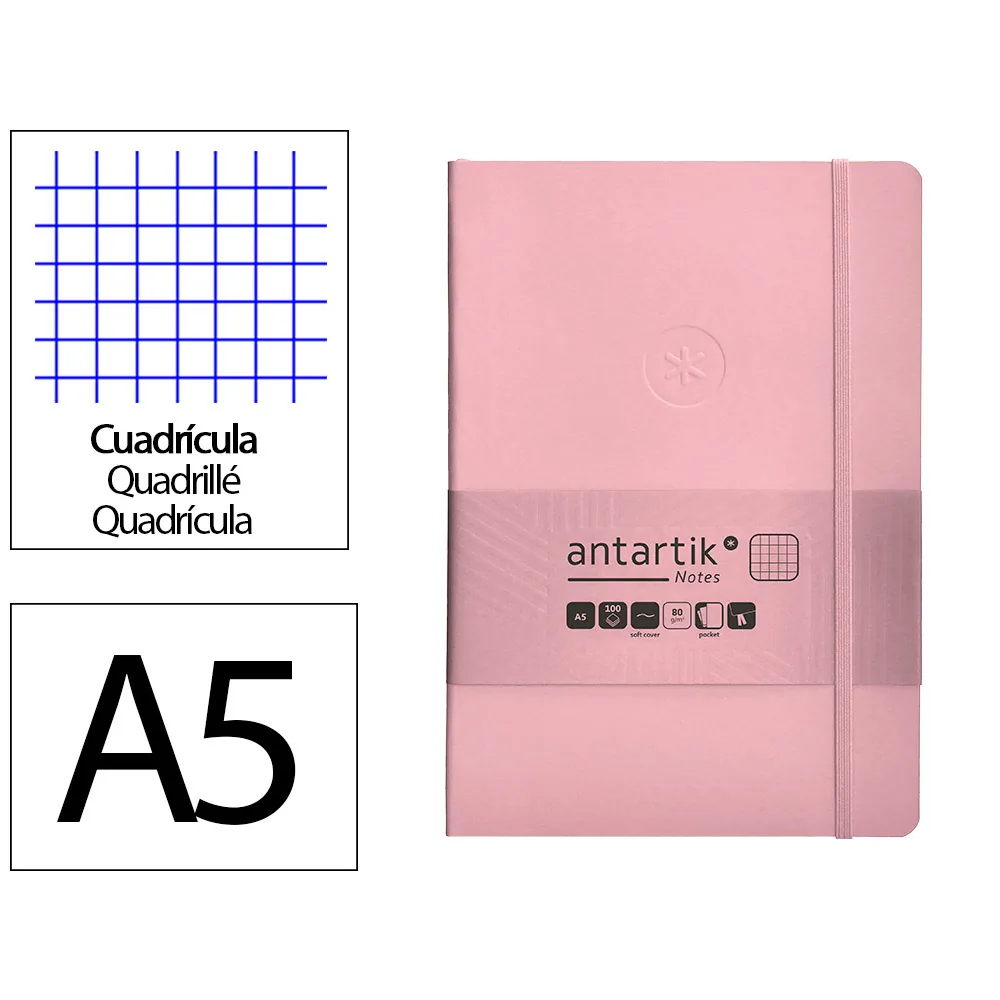 Cuaderno con Gomilla Antartik Notes Tapa Blanda A5 Hojas Cuadricula Rosa Pastel 80 Hojas 80 GR Fsc