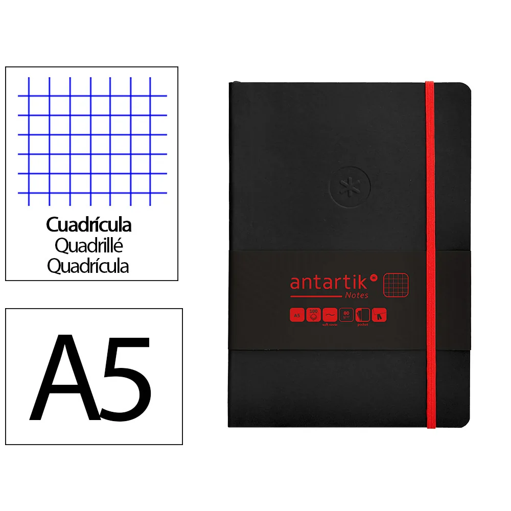 Cuaderno con Gomilla Antartik Notes Tapa Blanda A5 Hojas Cuadricula Negro y Rojo 80 Hojas 80 GR Fsc