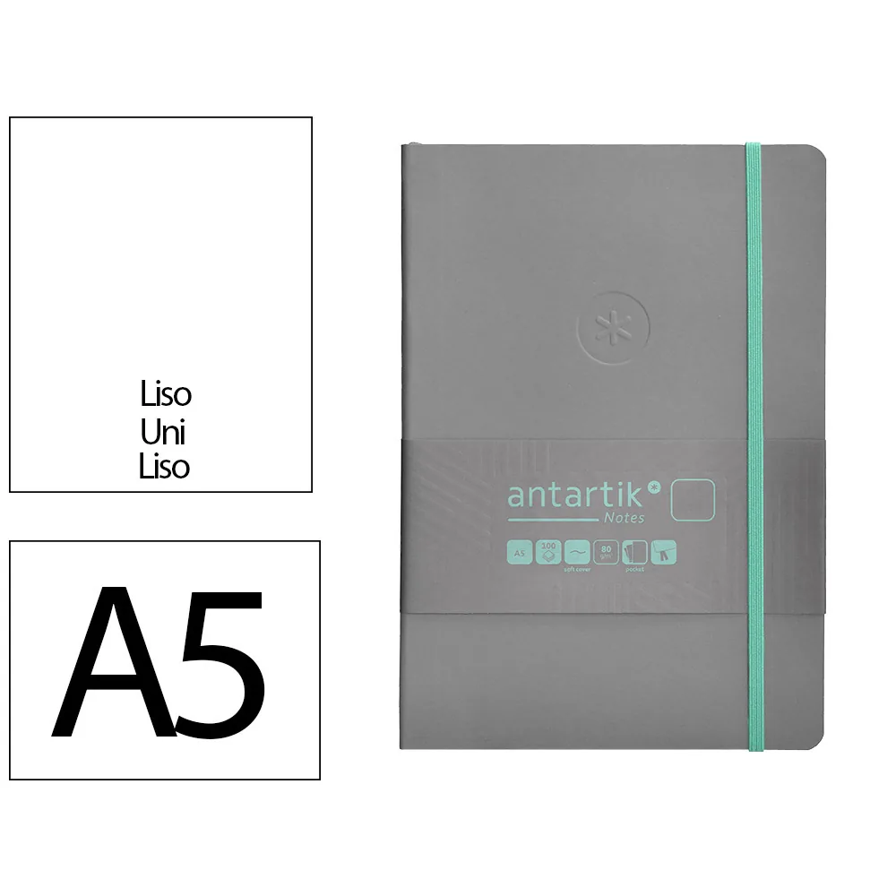 Cuaderno con Gomilla Antartik Notes Tapa Blanda A5 Hojas Lisas Gris y Turquesa 80 Hojas 80 GR Fsc