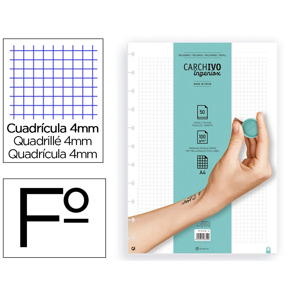 Recambio Cuaderno Carchivo Ingeniox A4 50 Hojas Cuadricula