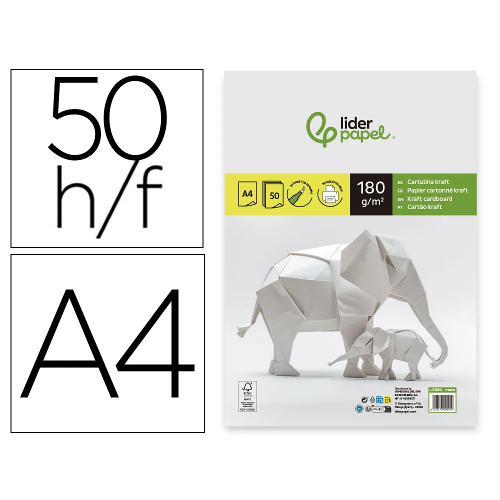 Cartulina Kraft Liderpapel A4 180G/M2 Paquete de 50 Hojas