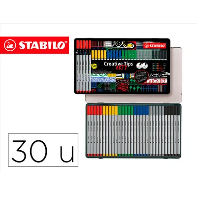 CREATIVE Rotulador Multilinea Stabilo Creative Tips 5 Puntas + Punta Pincel Estuche Metalico 30 Unidades 6 Colores Surtidos