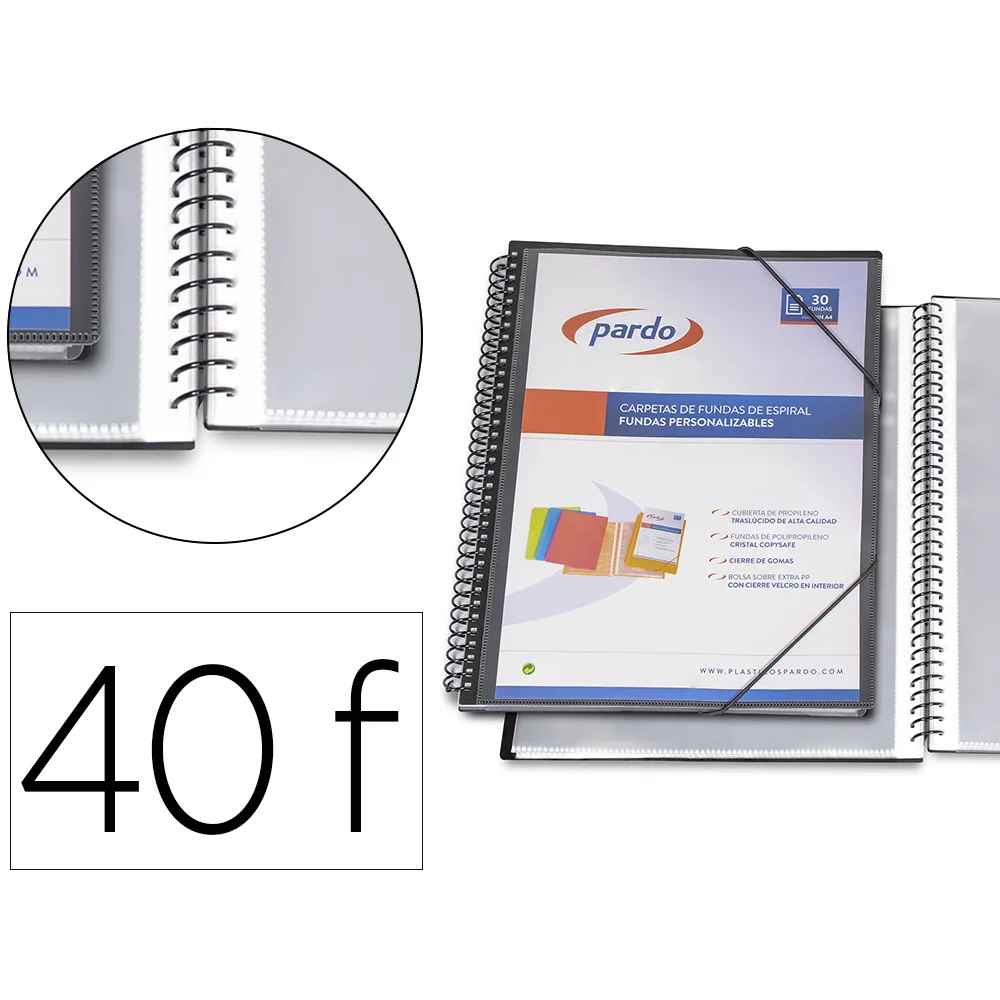 Carpeta Pardo Escaparate con Espiral 40 Fundas Folio Personalizable Color Negro