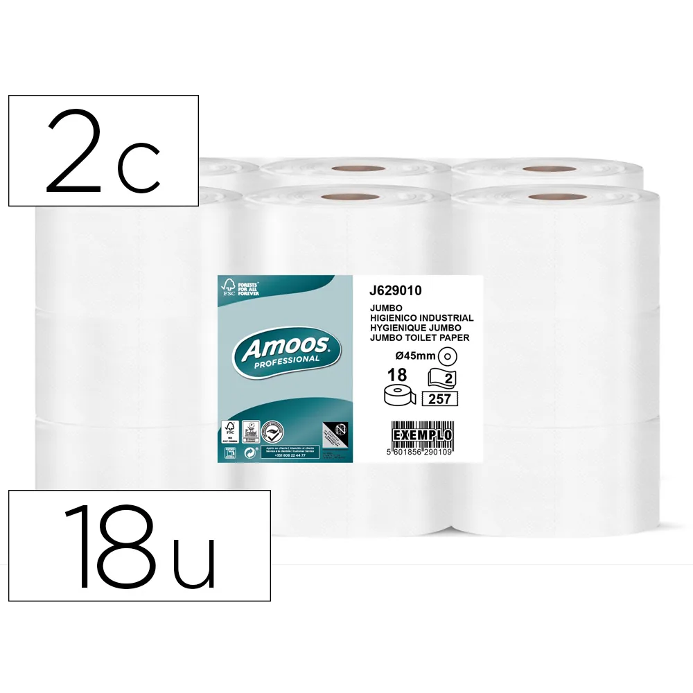 Papel Higienico Amoos Jumbo Industrial 2 Capas 30G/M2 Paquete de 18 Rollos