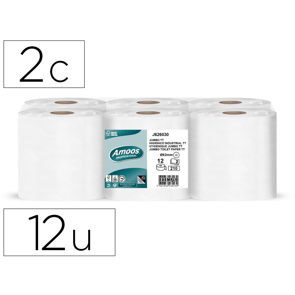 Papel Higienico Amoos Jumbo Industrial 2 Capas 30G/M2 Paquete de 12 Rollos