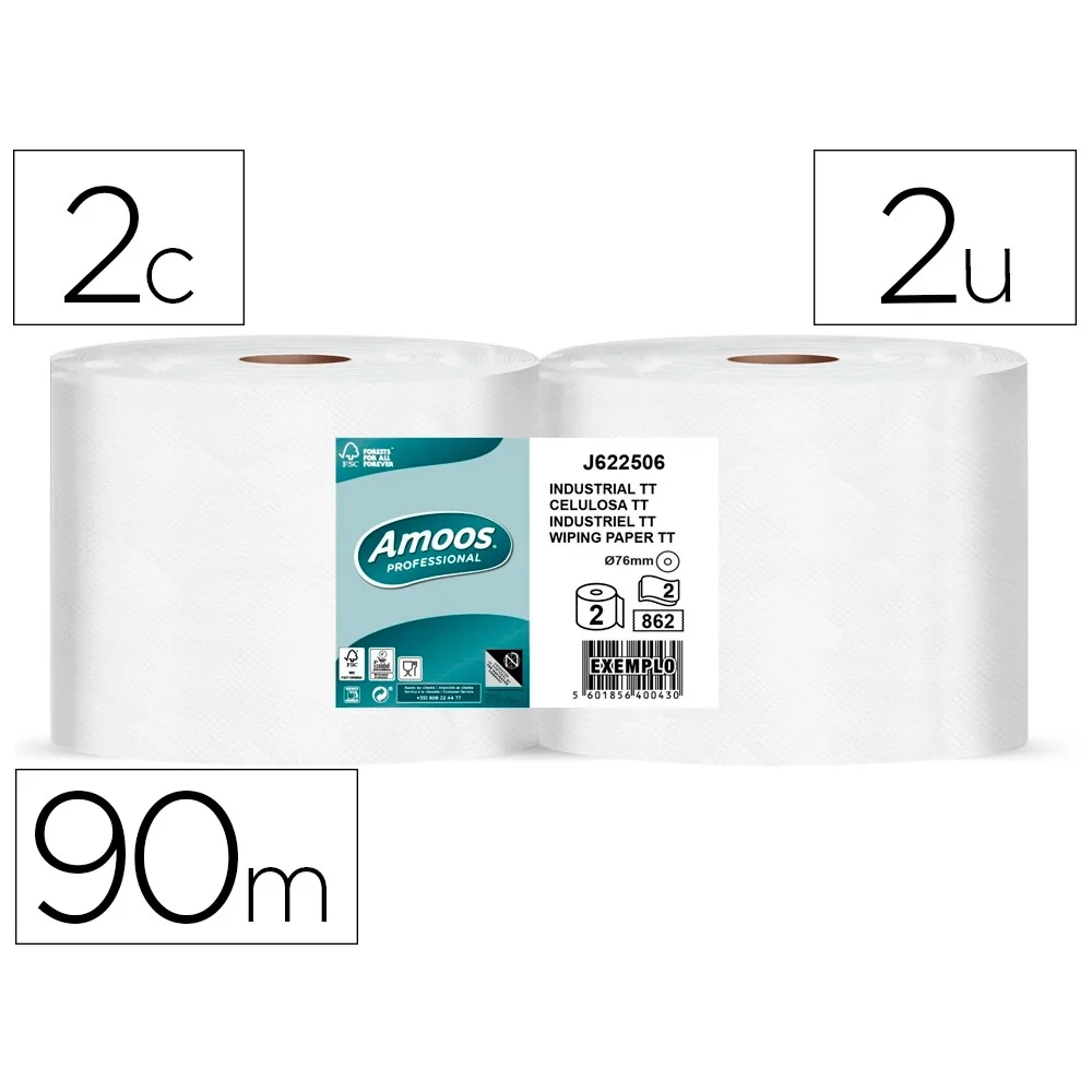 Papel Secamanos Amoos Industrial 2 Capas 32G/M2 Paquete de 2 Rollos