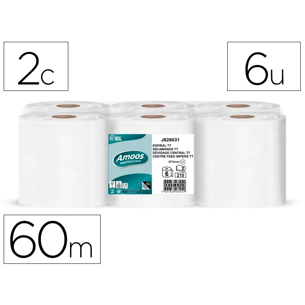 Papel Secamanos Amoos Industrial 2 Capas 32G/M2 Celulosa Blanco 60 M Paquete de 6 Bobinas