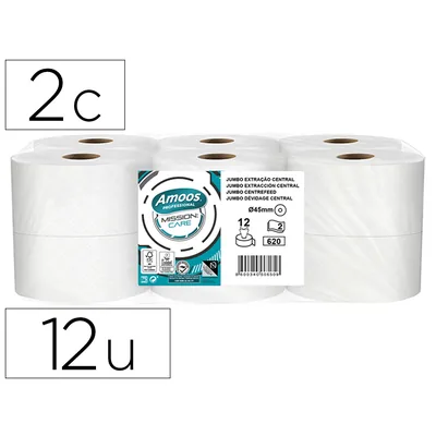 AMOOS Papel Higienico Amoos Jumbo Industrial Mission Care Extraccion Central 2 Capas 33G/M2 Paquete de 12 Rollos