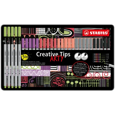 CREATIVE Rotulador Multilinea Stabilo Creative Tips 5 Puntas + Punta Pincel Estuche Metalico 30 Unidades 6 Colores Surtidos