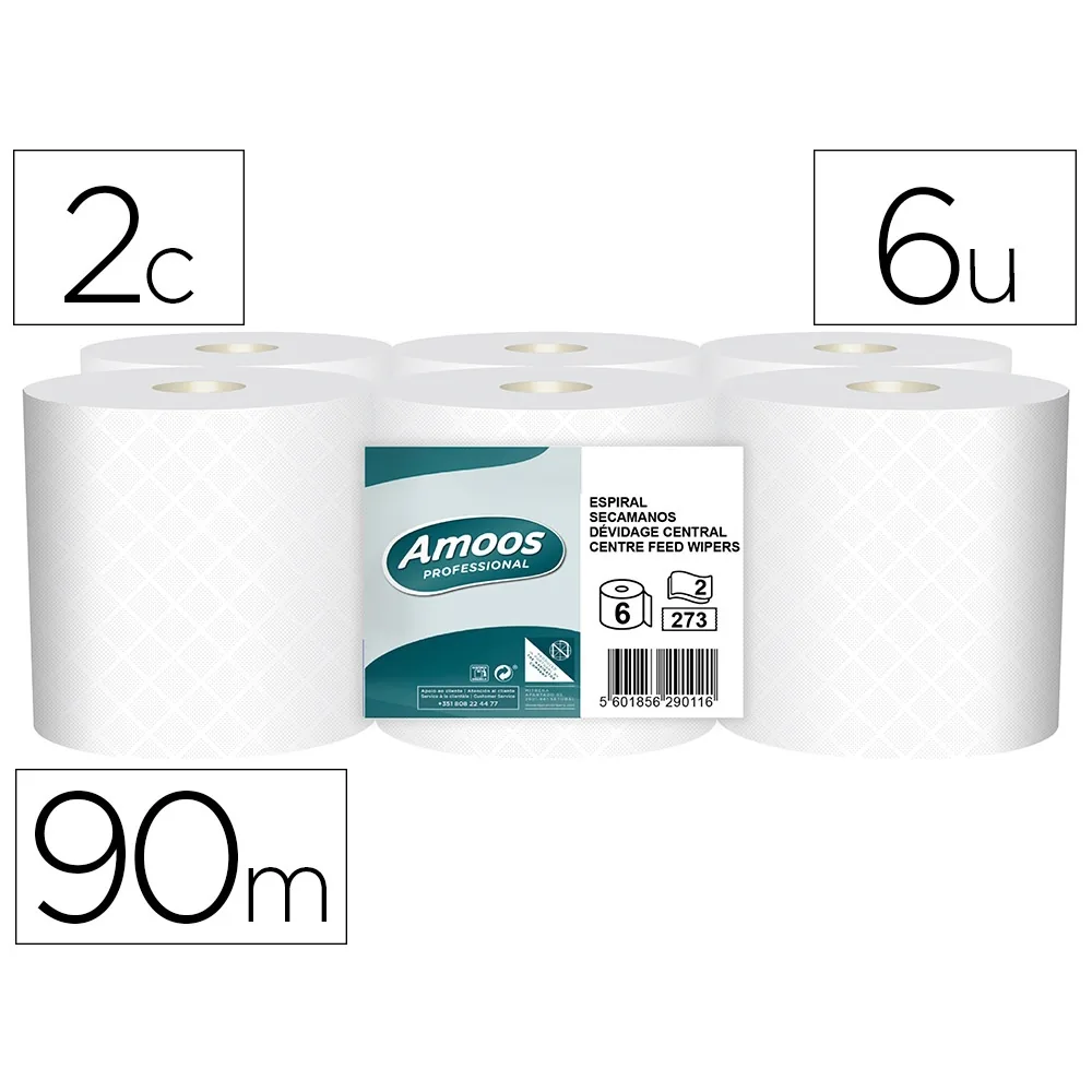 Papel Secamanos Amoos Industrial 2 Capas 32G/M2 Blanco 90 M Paquete de 6 Rollos
