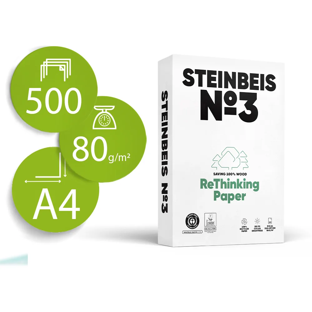 Papel Fotocopiadora Steinbeis n.3 100% Reciclado DIN A4 80 Gramos Paquete de 500 Hojas