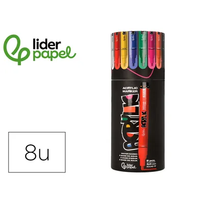 3M Rotulador Liderpapel Acrylic Base Agua Todo Tipo de Superficie Punta Redonda 3MM Caja de 8 Unidades Colores Intensos