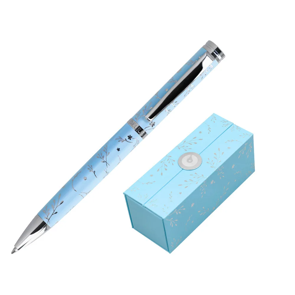 Boligrafo Belius Bella Aluminio Color Azul Celeste Diseño Plateado Relieve Tinta Azul Caja de Diseño