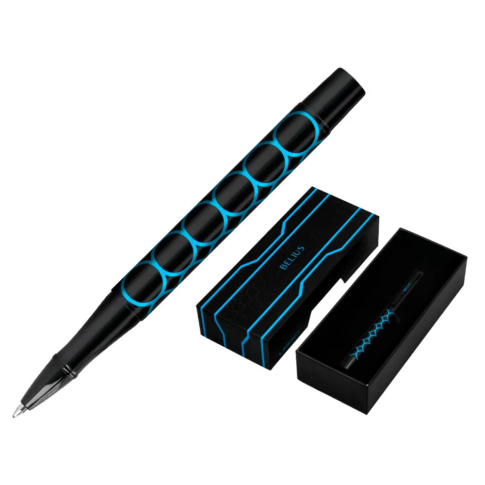 Boligrafo Belius Legacy Aluminio Diseño Circulos Azul Cuerpo Negro Tinta Color Azul Caja de Diseño