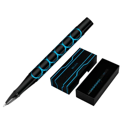BELIUS Boligrafo Belius Legacy Aluminio Diseño Circulos Azul Cuerpo Negro Tinta Color Azul Caja de Diseño