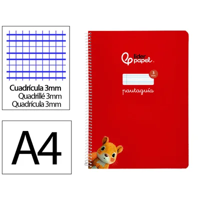 3M Cuaderno Espiral Liderpapel A4 Pautaguia Tapa Blanda 80H 75GR Cuadro Pautado 3MM Color Rojo