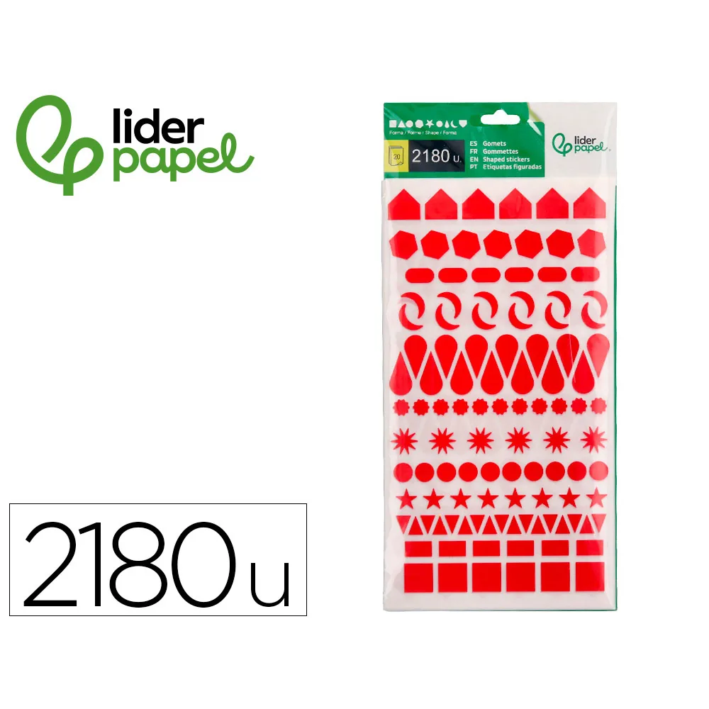 Gomets Liderpapel Figuras Surtidas Bolsa de 20 Hojas Circulos Triangulos Estrellas Cuadrados Colores Surtidos