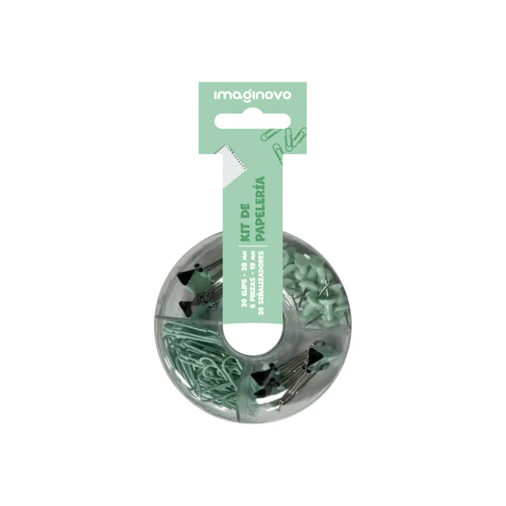 Set de Papeleria Imaginovo con Clips 28MM Pinzas 19MM y Chinchetas Verde