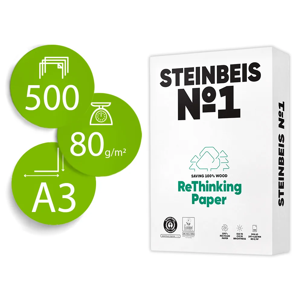 Papel Fotocopiadora Steinbeis n.1 100% Reciclado DIN A3 80 Gramos Paquete de 500 Hojas