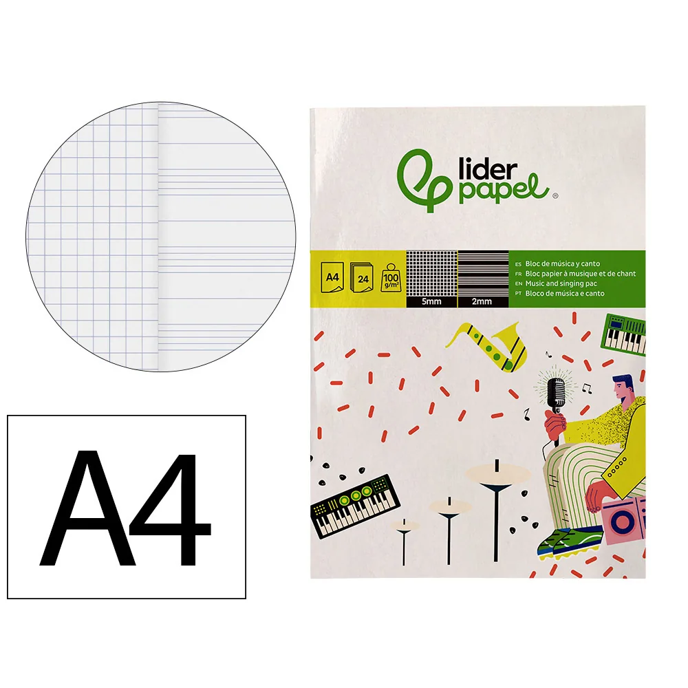 Bloc Musica y Canto Liderpapel Pentagrama Interlineado 2 MM Cuadricula 5MM DIN A4 24 Hojas 100G/M2