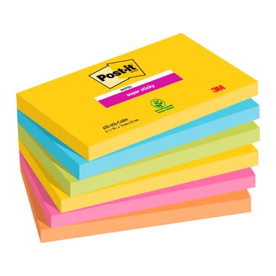 POST-IT Bloc de Notas Adhesivas Quita y Pon Post It Super Sticky Carnival 100% Pefc 76X127 MM Pack de 6 Blocs Colores