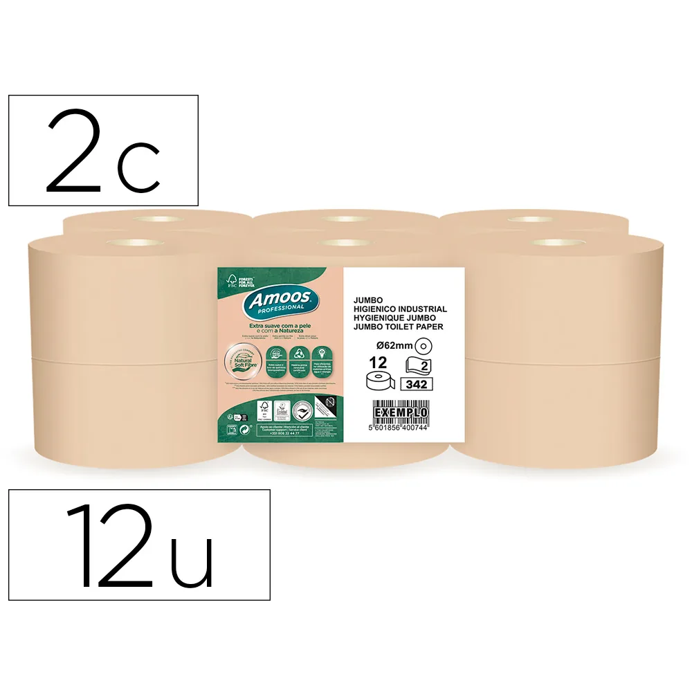 Papel Higienico Amoos Naturally Jumbo Professional 2 Capas Pasta Cruda Paquete de 12 Rollos 120 M