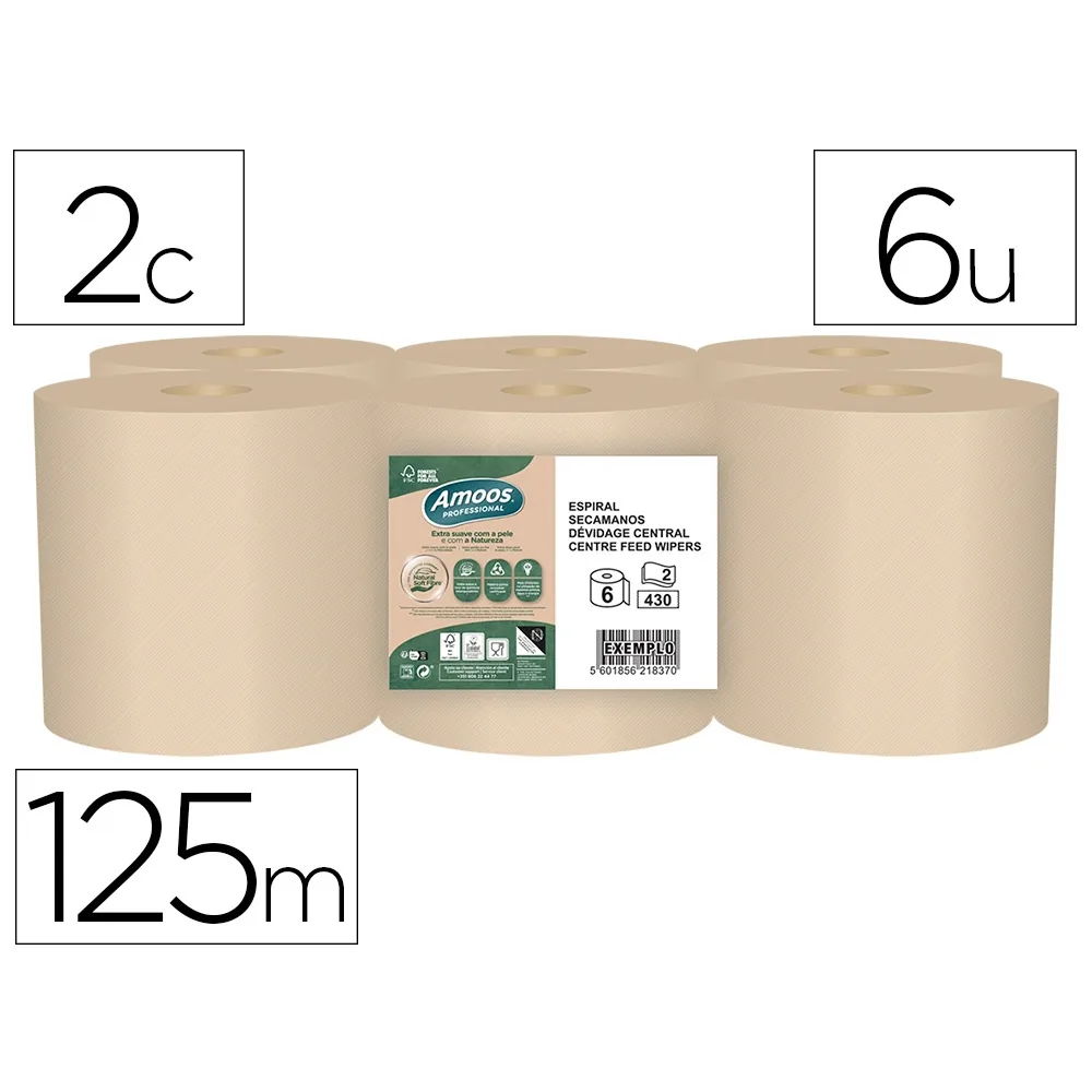 Papel Secamanos Amoos Naturally Soft 2 Capas Pasta Cruda Paquete de 6 Rollos 125 M