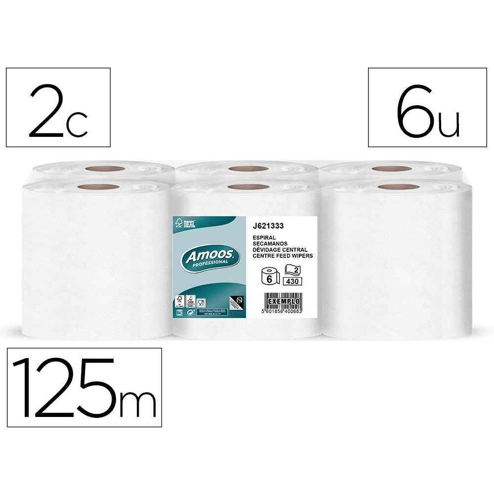 Papel Secamanos Amoos Efficiency Professional 2 Capas Color Blanco Paquete de 6 Rollos