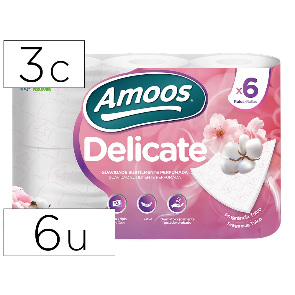 Papel Higienico Amoos Delicate 3 Capas Color Blanco Paquete de 6 Rollos 20 M