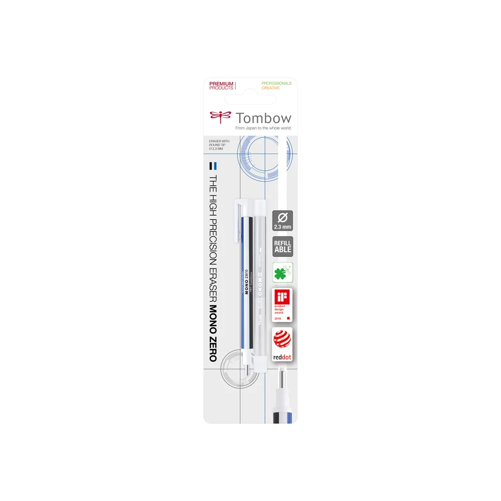 Portagomas Tombow Mono Zero con Clip Goma Redonda 2,3MM Diametro + 2 Recambios