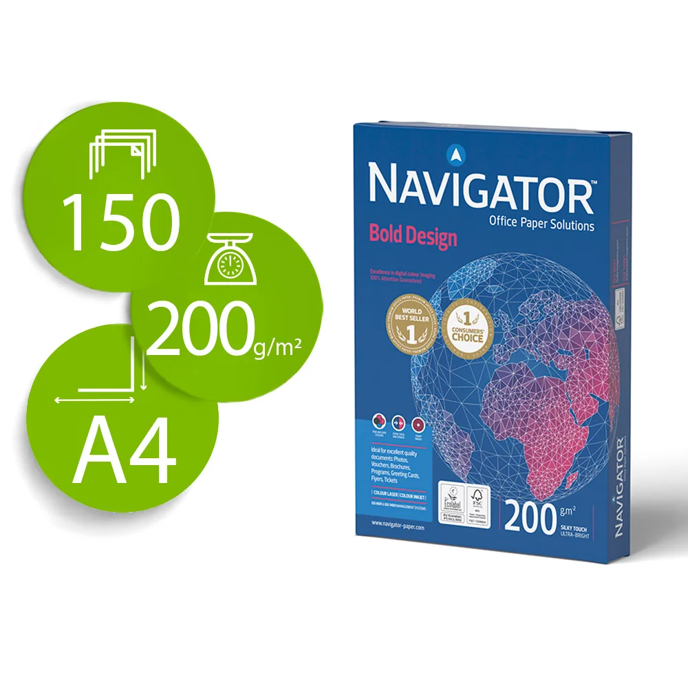 Papel Fotocopiadora Navigator Bold Design DIN A4 200 GR Papel Multiuso Ink-jet y Laser Paquete de 150 Hojas