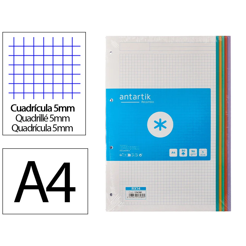 Recambio Antartik A4 80 Hojas 90 G Cuadro 5 MM 4 Taladros Bandas de 5 Colores Pasteles
