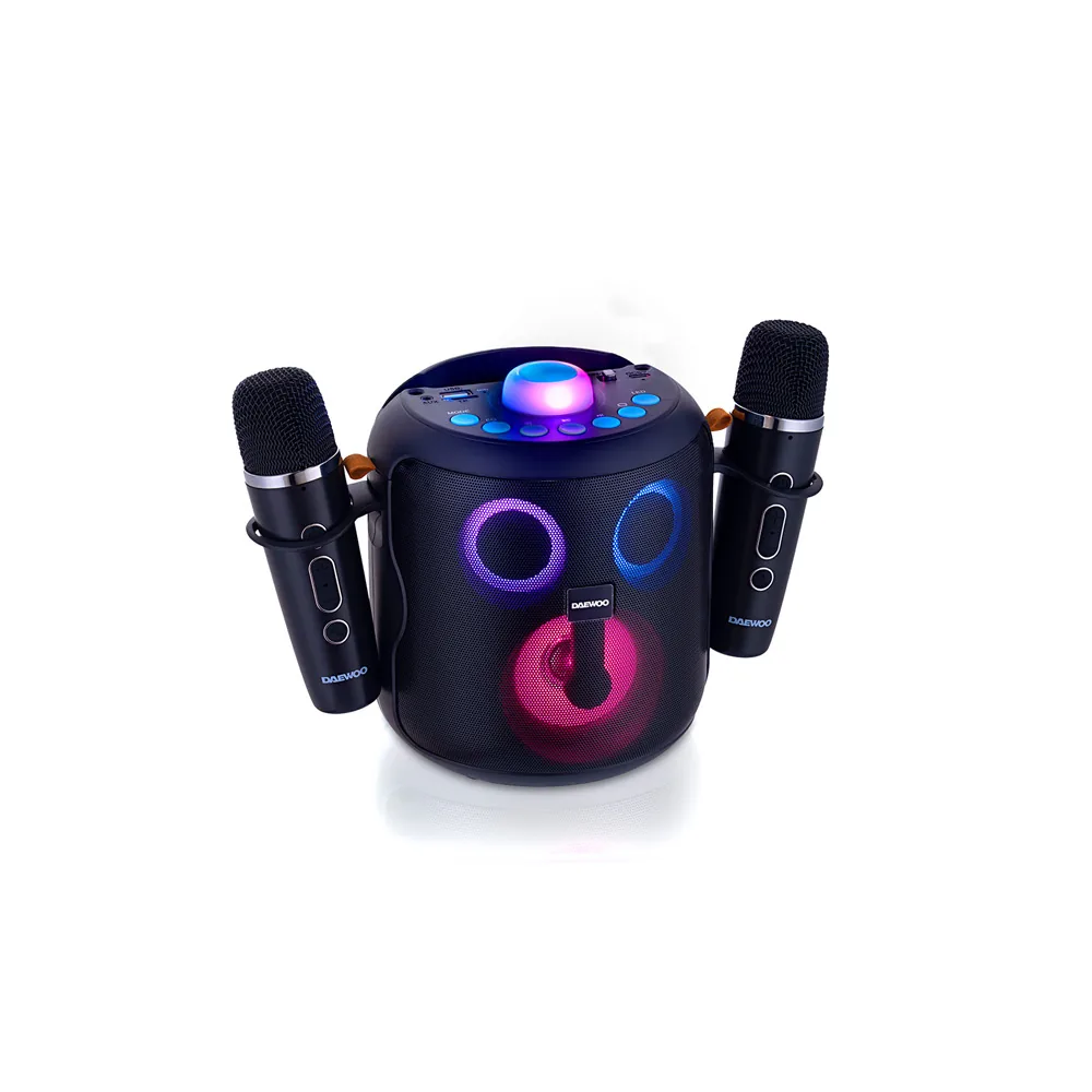 Altavoz Daewoo Karaoke 15W Bluetooth Luces Led Radio Fm 2 Microfonos Inalambricos Color Negro