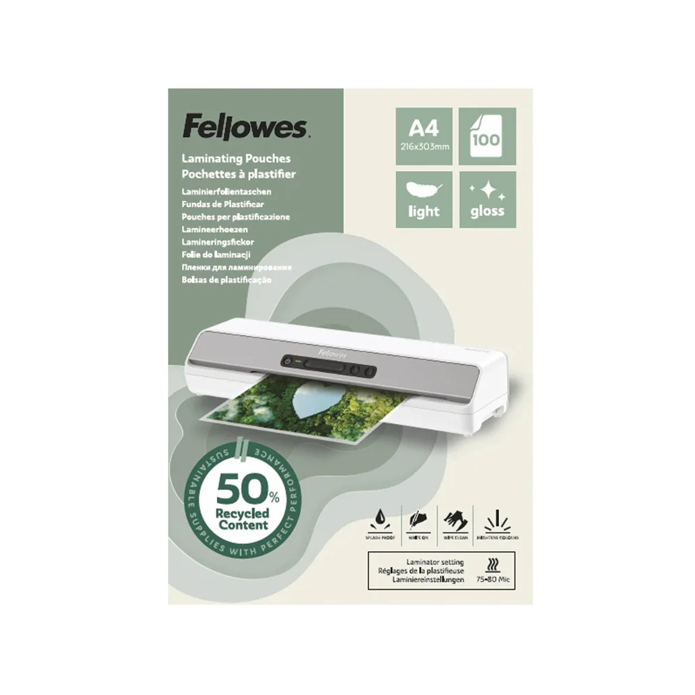 Bolsa de Plastificar Fellowes Recicladas Brillo DIN A4 80 Mc Pack de 100 Unidades