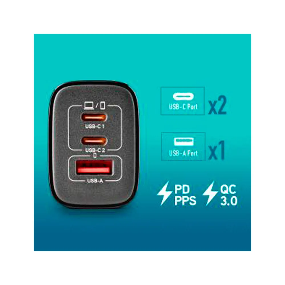 Cargador de Pared Ngs Gan Ultrarapido para Portatil de 65W con 3 Puertos: 2 Usb-c y 1 Usb-a