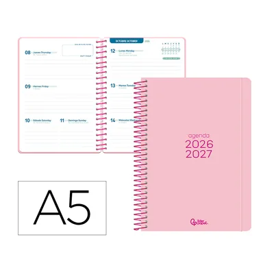 LIDERPAPEL Agenda Escolar Liderpapel 26-27 Espiral Basic Semana Vista A5 Bilingue 70G Papel Fsc Rosa