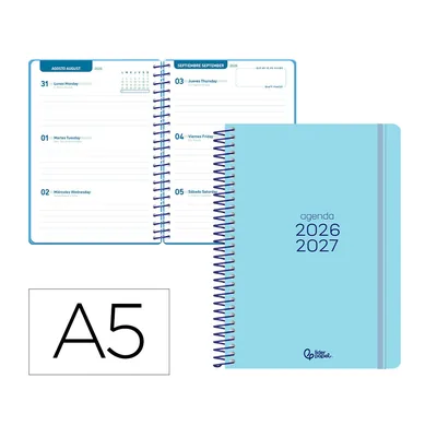 LIDERPAPEL Agenda Escolar Liderpapel 26-27 Espiral Basic Semana Vista A5 Bilingue 70G Papel Fsc Azul Turquesa
