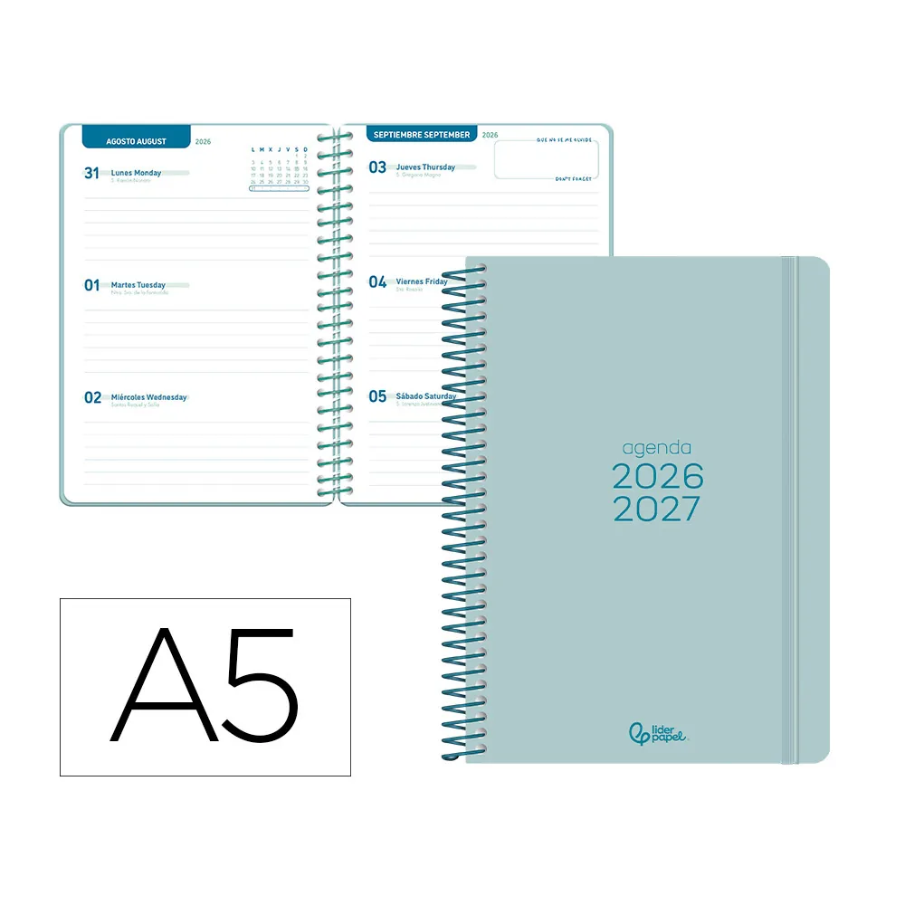 Agenda Escolar Liderpapel 26-27 Espiral Basic Semana Vista A5 Bilingue 70G Papel Fsc Turquesa