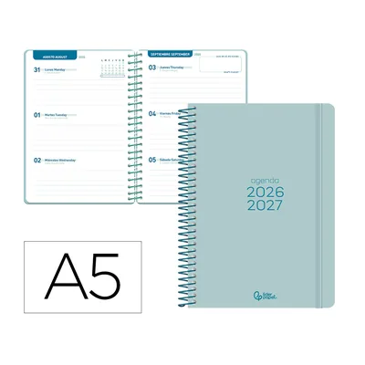 LIDERPAPEL Agenda Escolar Liderpapel 26-27 Espiral Basic Semana Vista A5 Bilingue 70G Papel Fsc Turquesa