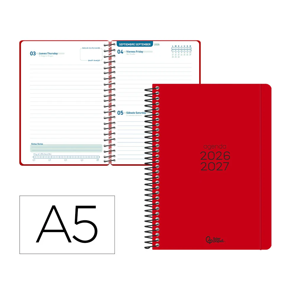 Agenda Escolar Liderpapel 26-27 Espiral Basic Dia Pagina A5 Bilingue 70G Papel Fsc Rojo
