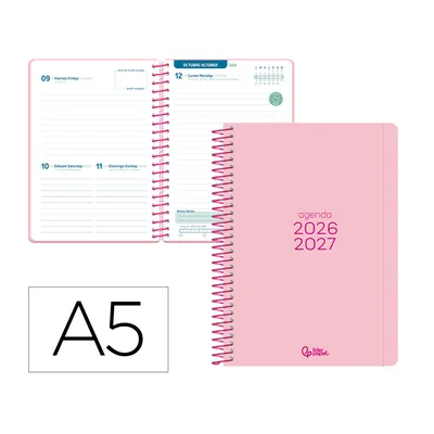 LIDERPAPEL Agenda Escolar Liderpapel 26-27 Espiral Basic Dia Pagina A5 Bilingue 70G Papel Fsc Rosa