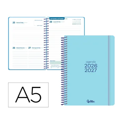 LIDERPAPEL Agenda Escolar Liderpapel 26-27 Espiral Basic Dia Pagina A5 Bilingue 70G Papel Fsc Azul Turquesa