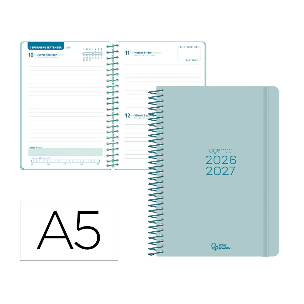 Agenda Escolar Liderpapel 26-27 Espiral Basic Dia Pagina A5 Bilingue 70G Papel Fsc Turquesa