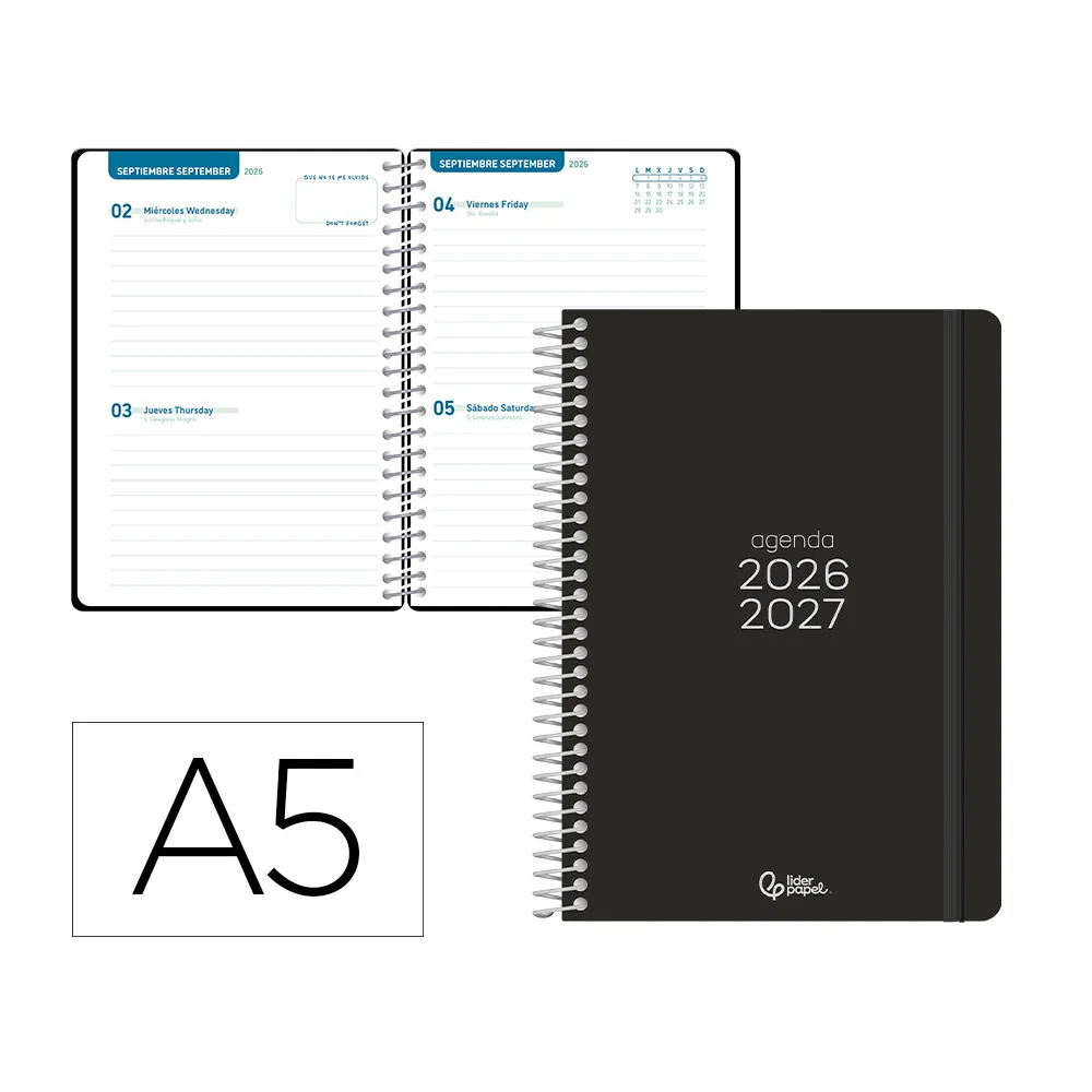 Agenda Escolar Liderpapel 26-27 Espiral Basic 2 Dias Pagina A5 Bilingue 70G Papel Fsc Negro
