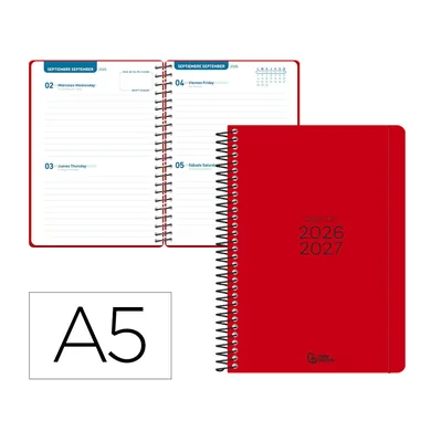 LIDERPAPEL Agenda Escolar Liderpapel 26-27 Espiral Basic 2 Dias Pagina A5 Bilingue 70G Papel Fsc Rojo