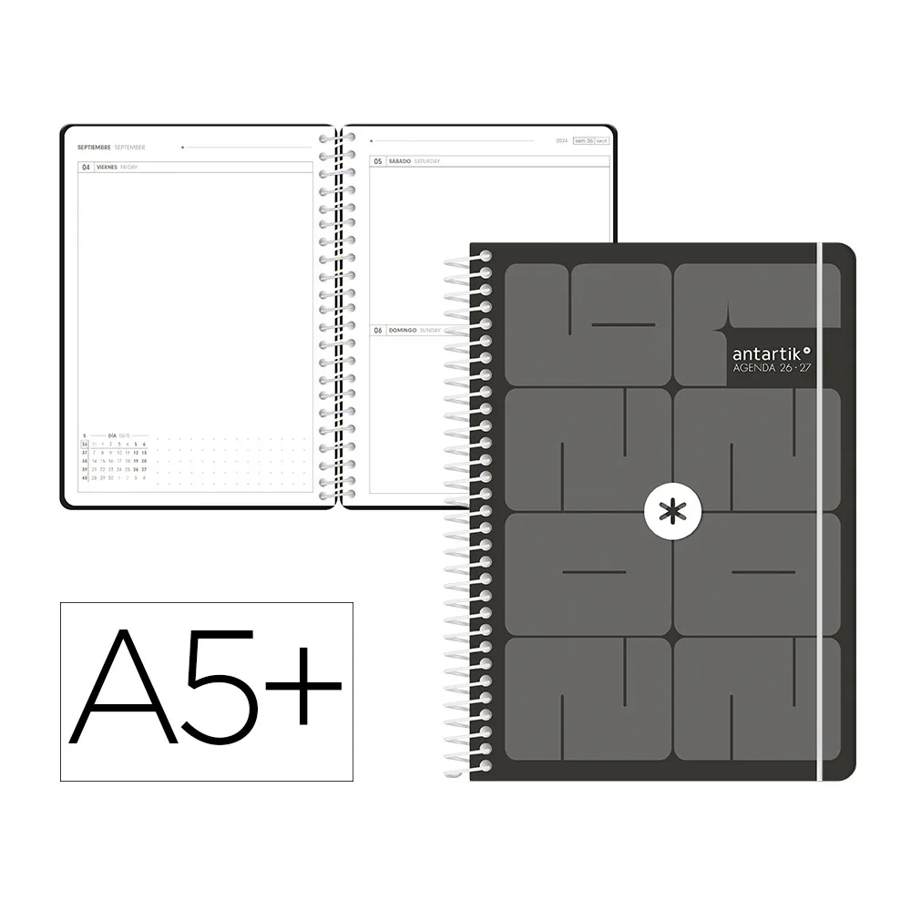 Agenda Escolar Antartik 26-27 Espiral Essentials Dia Pagina A5+ Bilingue 80G Papel Fsc Negro