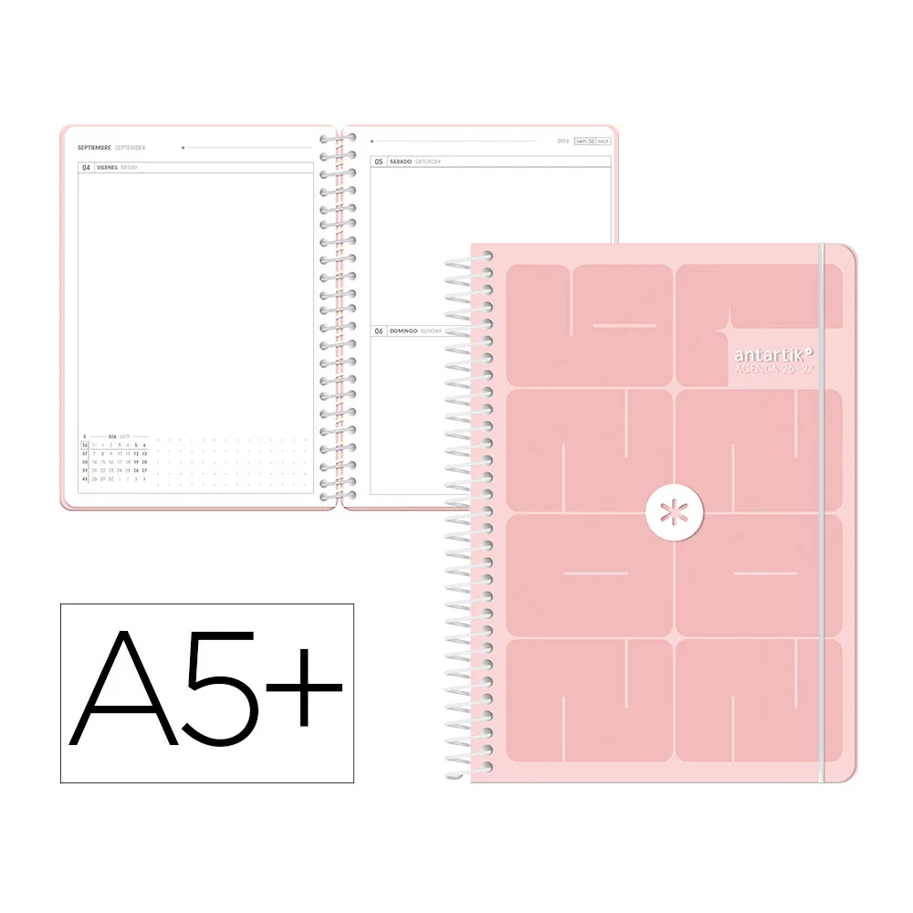 Agenda Escolar Antartik 26-27 Espiral Essentials Dia Pagina A5+ Bilingue 80G Papel Fsc Rosa