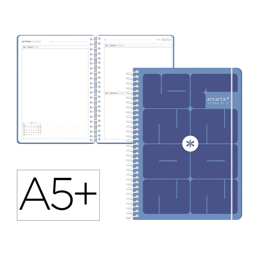 Agenda Escolar Antartik 26-27 Espiral Essentials Dia Pagina A5+ Bilingue 80G Papel Fsc Azul Oscuro